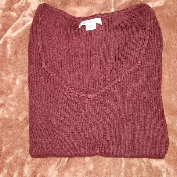 American Eagle Maroon Knit Long Sleeve Cotton Blend Top - Picture 4 of 7